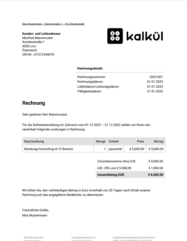 Rechnung schreiben Vorlage für Österreich