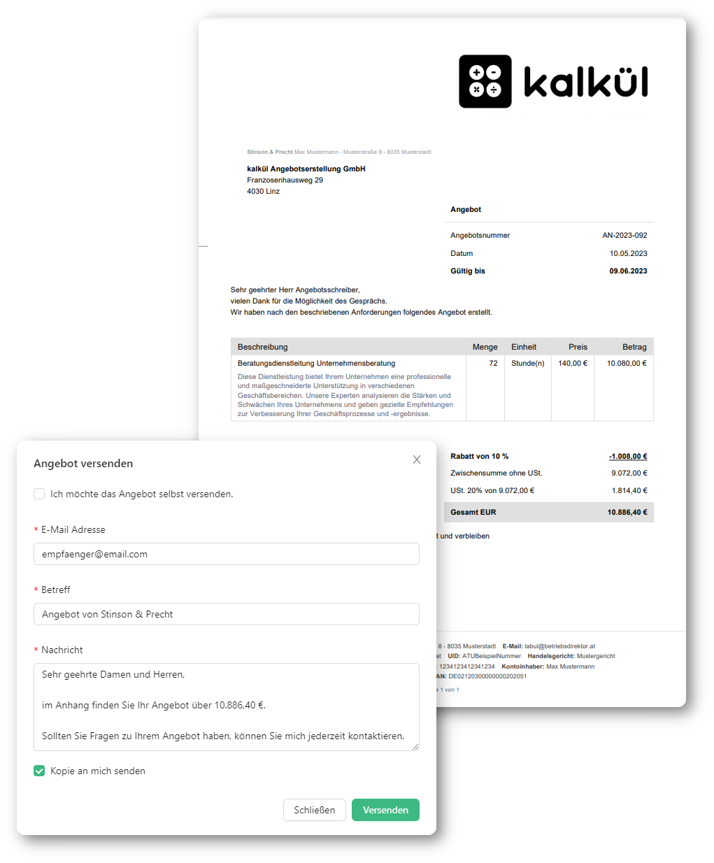 Angebote im PDF-Format herunterladen, anpassen und per E-Mail versenden