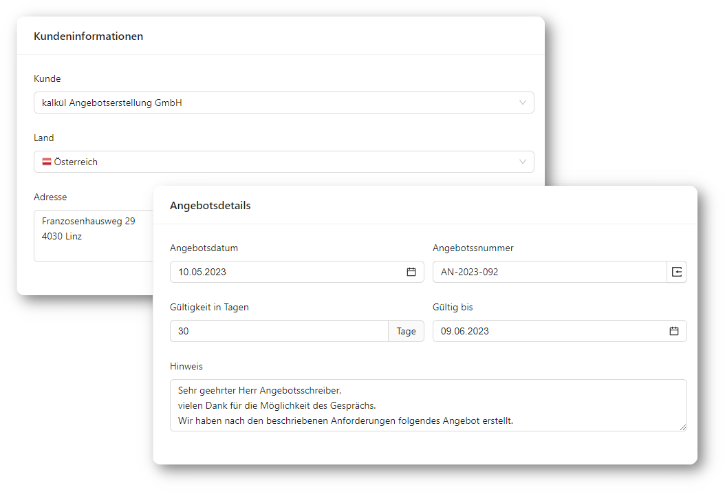 Kunden und Projektinformationen zu Angeboten hinzufügen
