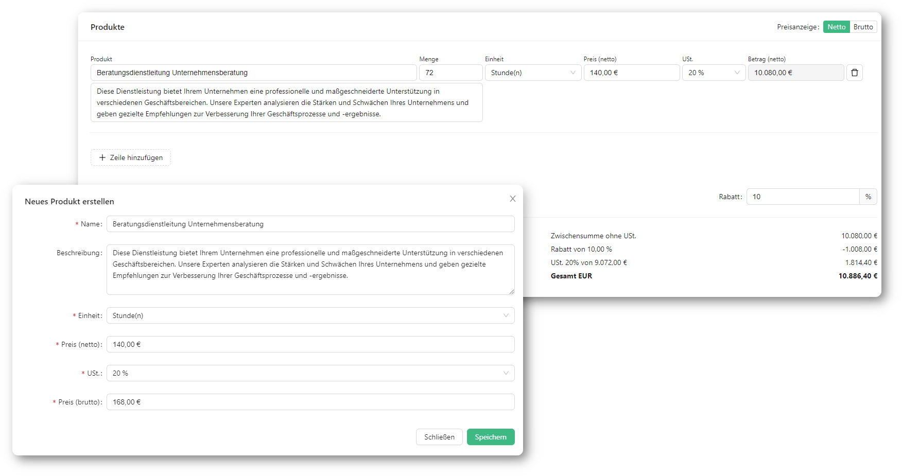 Leistungen, Produkte und Preise hinzufügen zu Angeboten hinzufügen