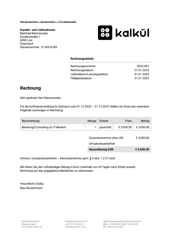 Vorlage: Rechnung mit Kleinunternehmerregelung (ohne ausgewiesener Umsatzsteuer)