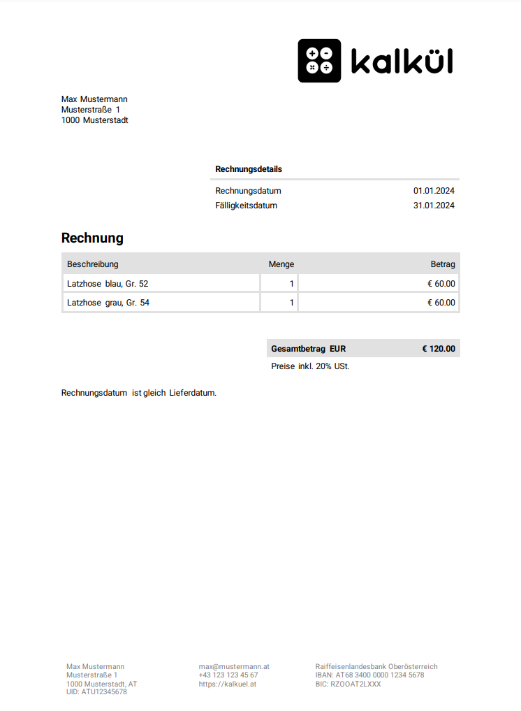 Kleinbetragsrechnung für Einzelunternehmer (Vorlage)