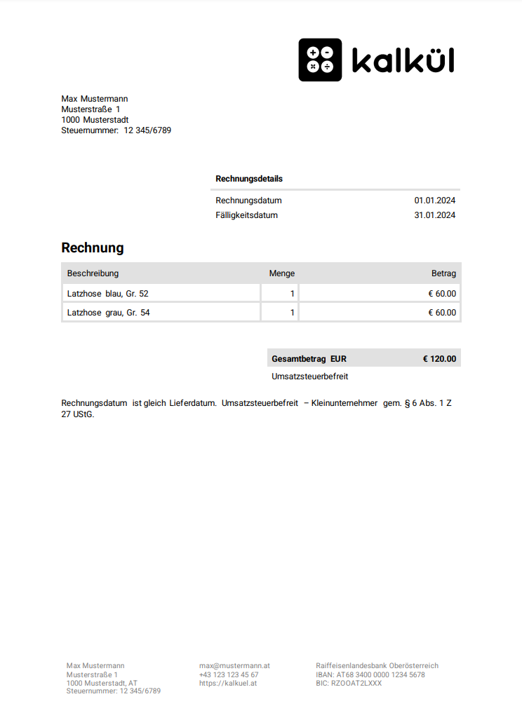 Kleinbetragsrechnung für Kleinunternehmer (Vorlage)